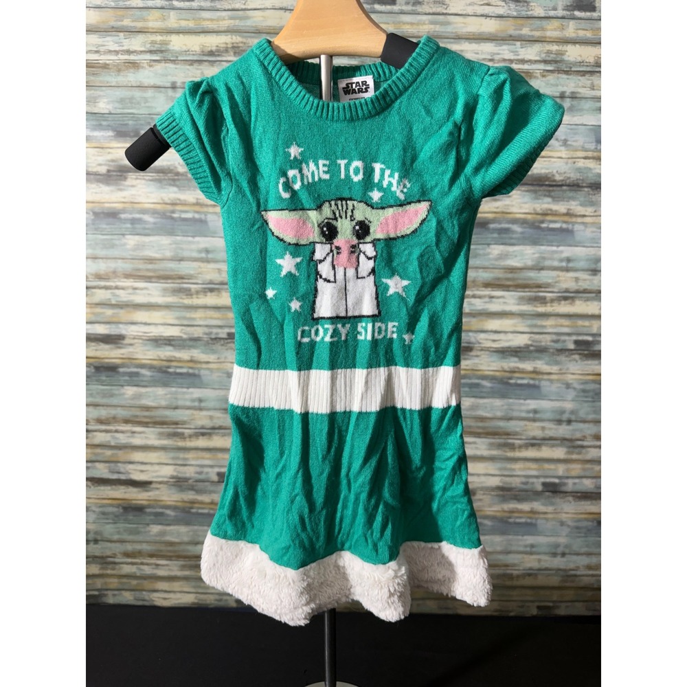 Star Wars Grogu Sweater Dress XS‎ 4-5 Green Excellent Faux Fur Trim Baby Yoda